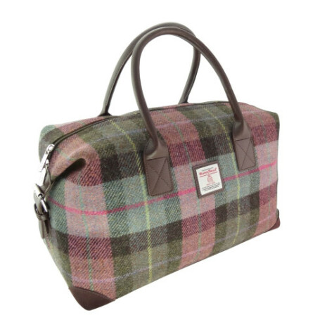 Overnight Bag "Esk" i Harris Tweed - Muted Green & Rose Pink Tartan