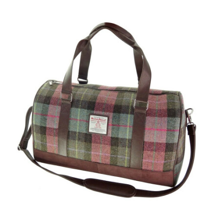 Weekend Bag &quot;Clyde&quot; i Harris Tweed - Muted Green &amp; Rose Pink Tartan